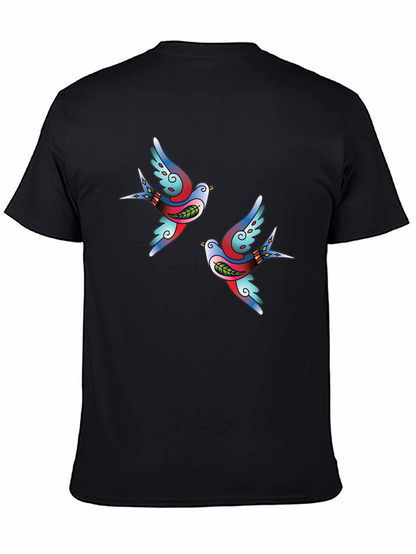Stylish Black Tee with Swallow Tattoo Print