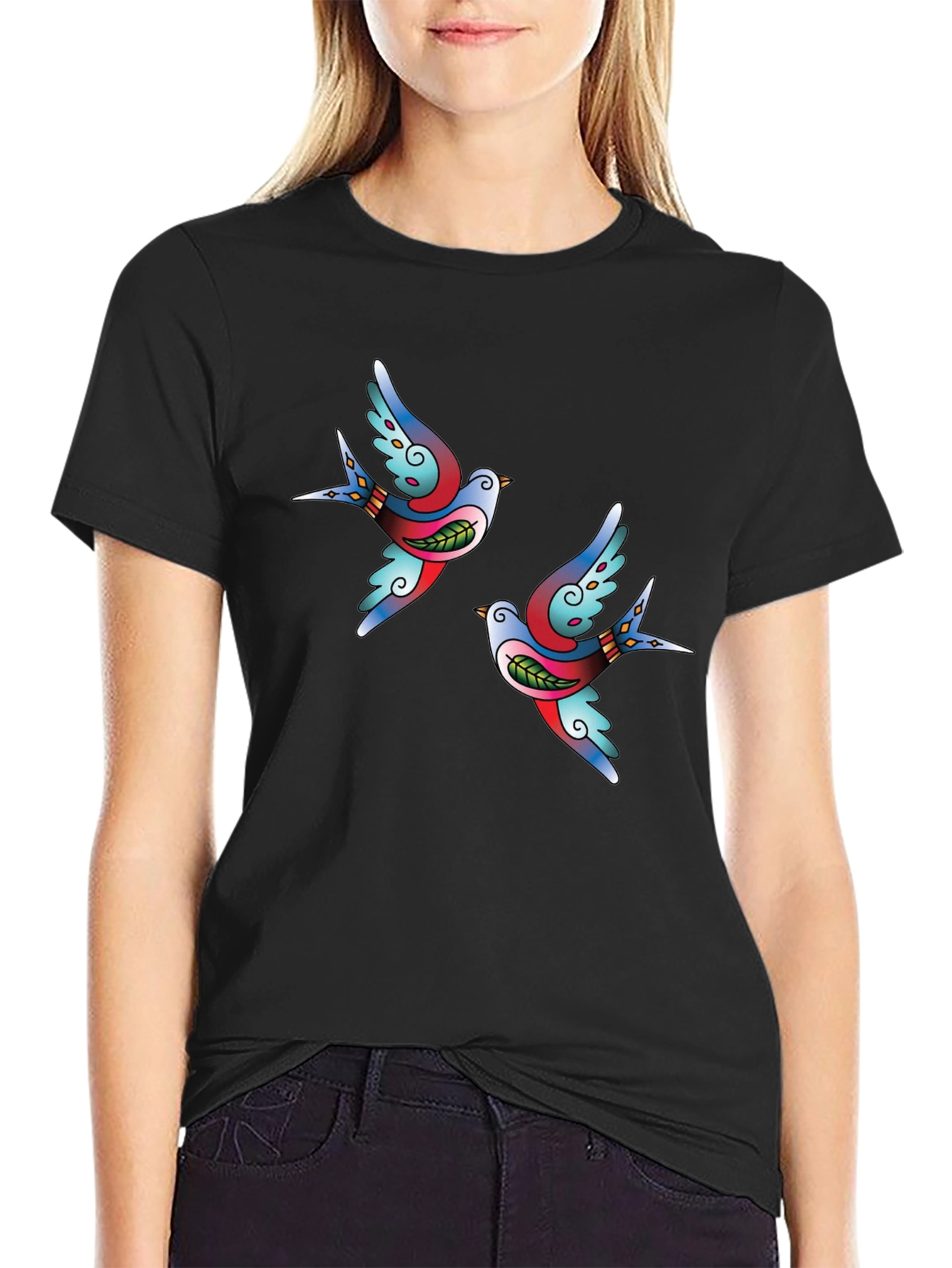 Stylish Black Tee with Swallow Tattoo Print