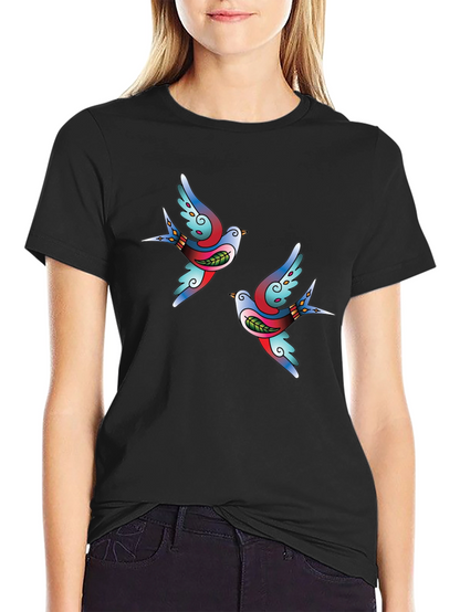Stylish Black Tee with Swallow Tattoo Print