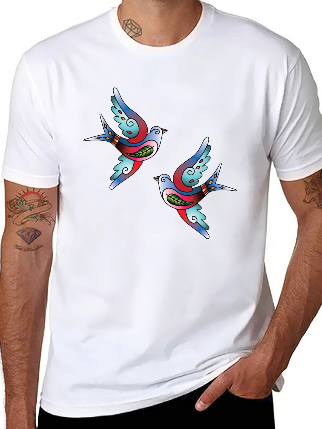 Stylish Black Tee with Swallow Tattoo Print