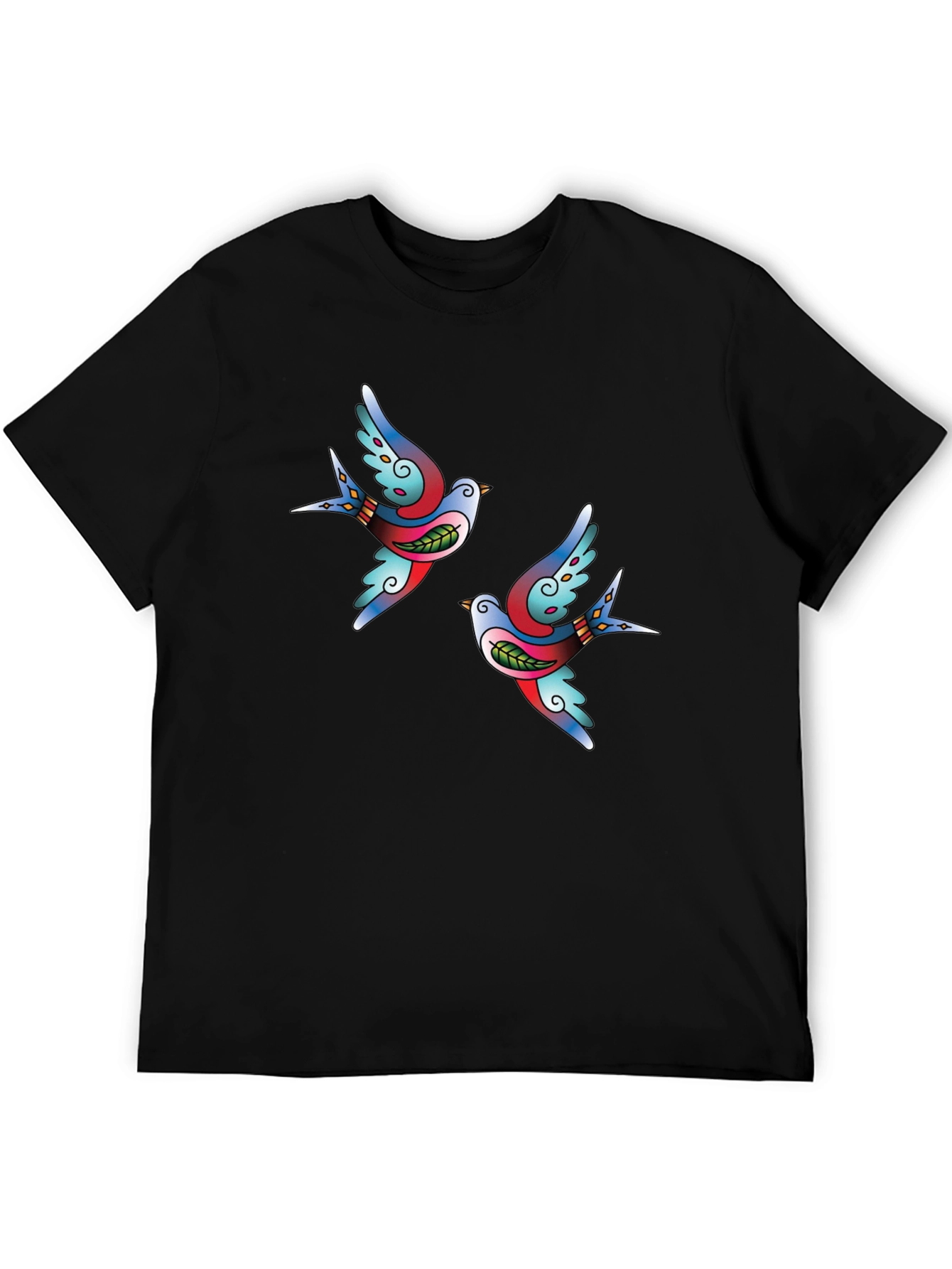 Stylish Black Tee with Swallow Tattoo Print