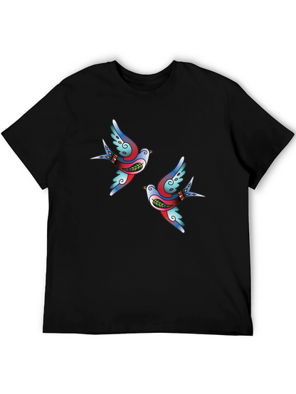 Stylish Black Tee with Swallow Tattoo Print