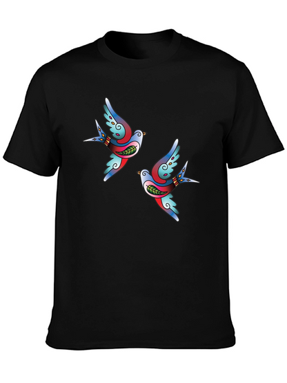 Stylish Black Tee with Swallow Tattoo Print