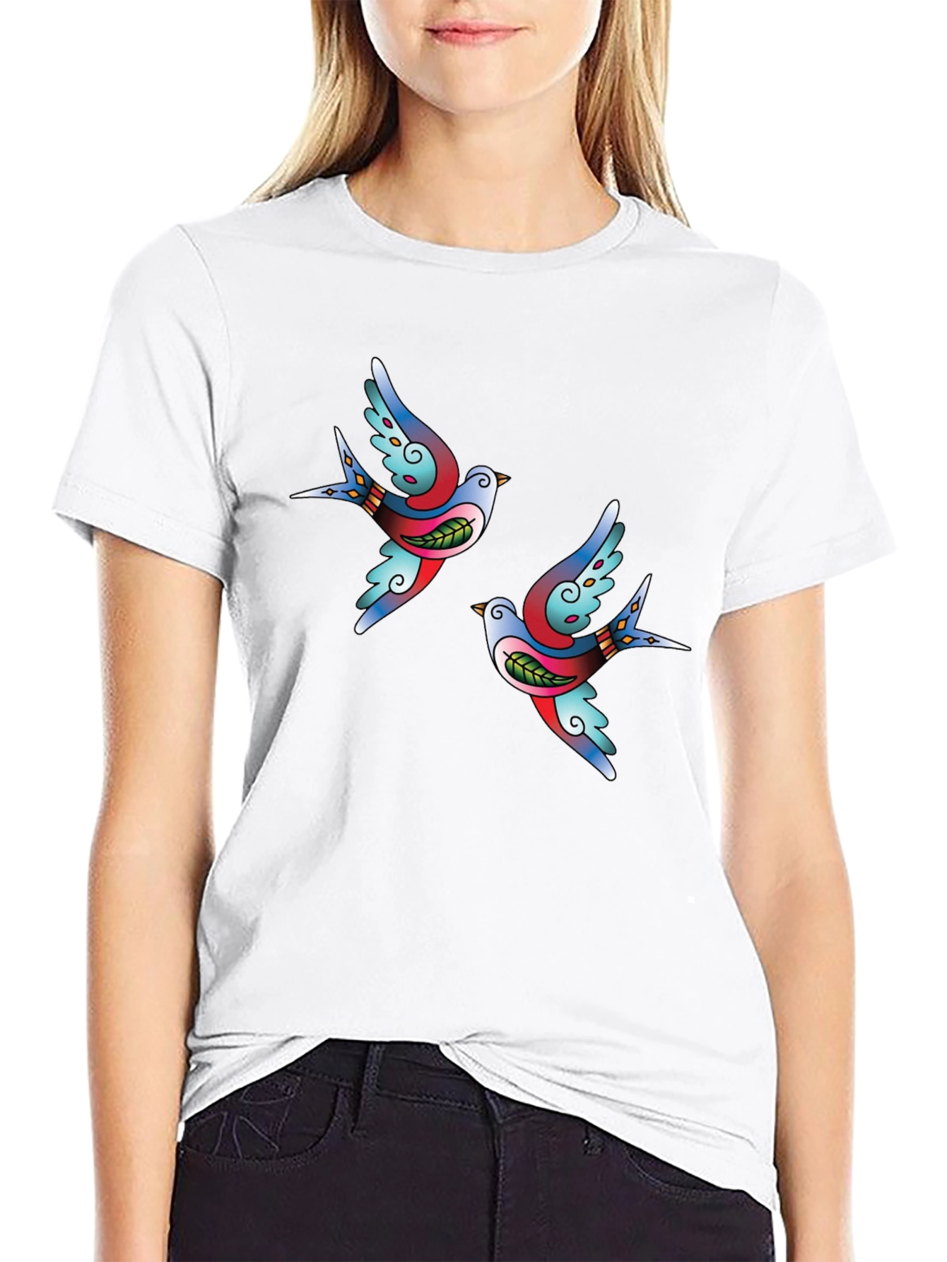 Stylish Black Tee with Swallow Tattoo Print