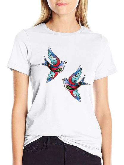 Stylish Black Tee with Swallow Tattoo Print