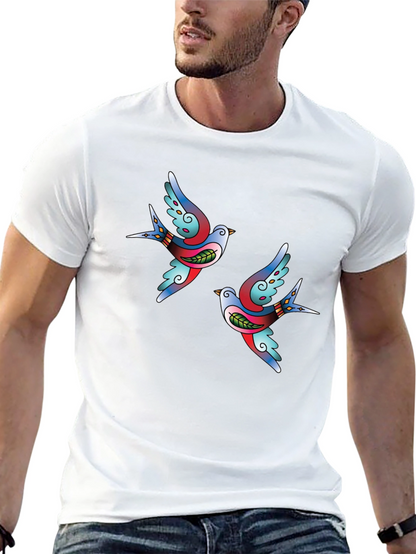 Stylish Black Tee with Swallow Tattoo Print