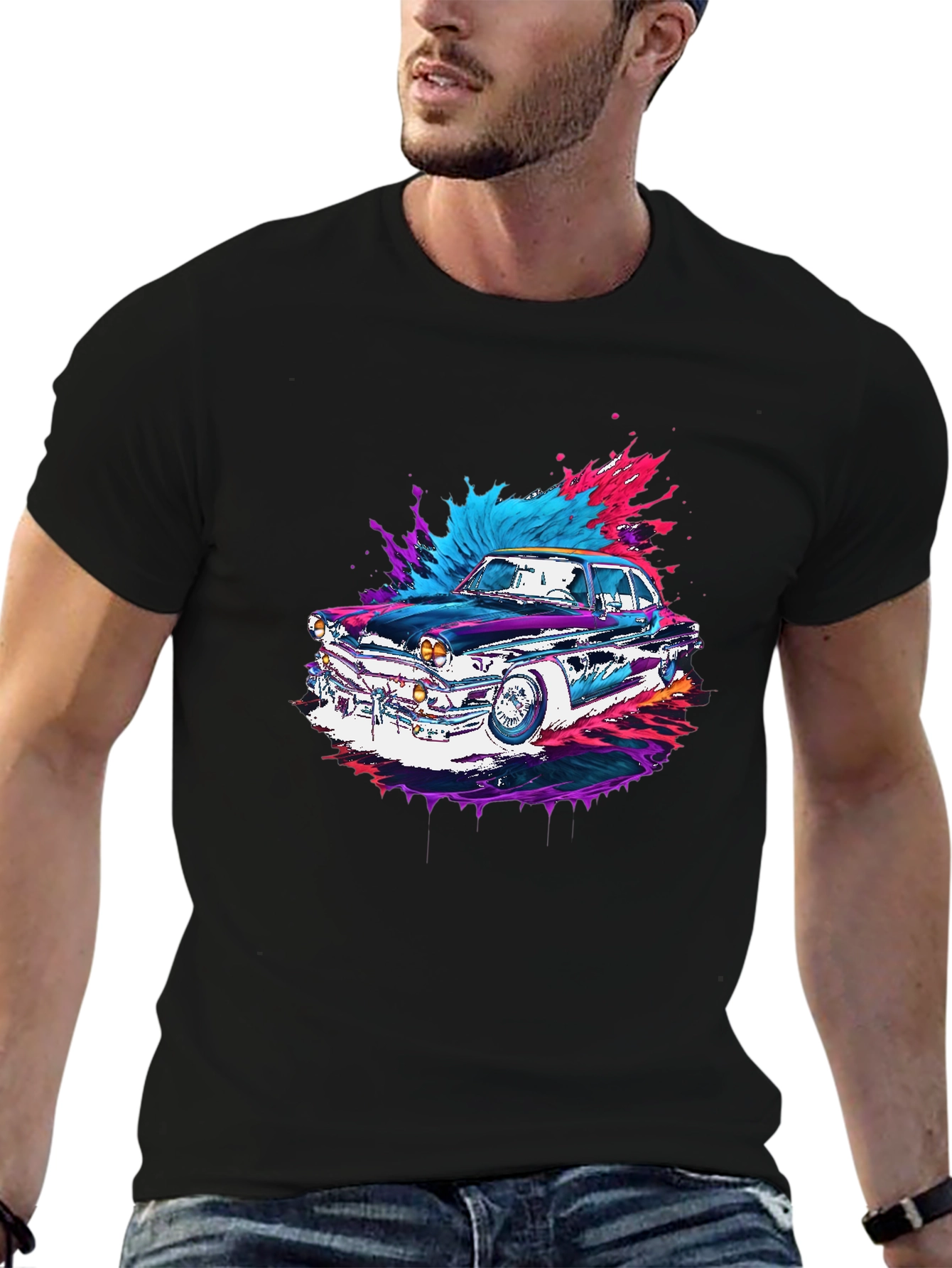Classic Car Graphic Tee - Black Cotton Comfort
