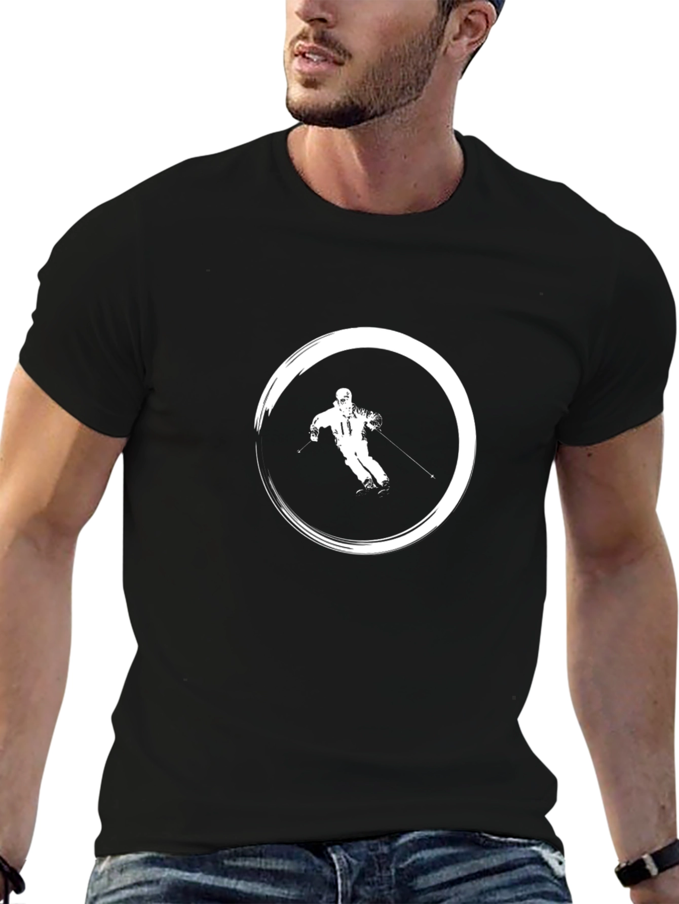 Black T-Shirt with Skiing Graphic