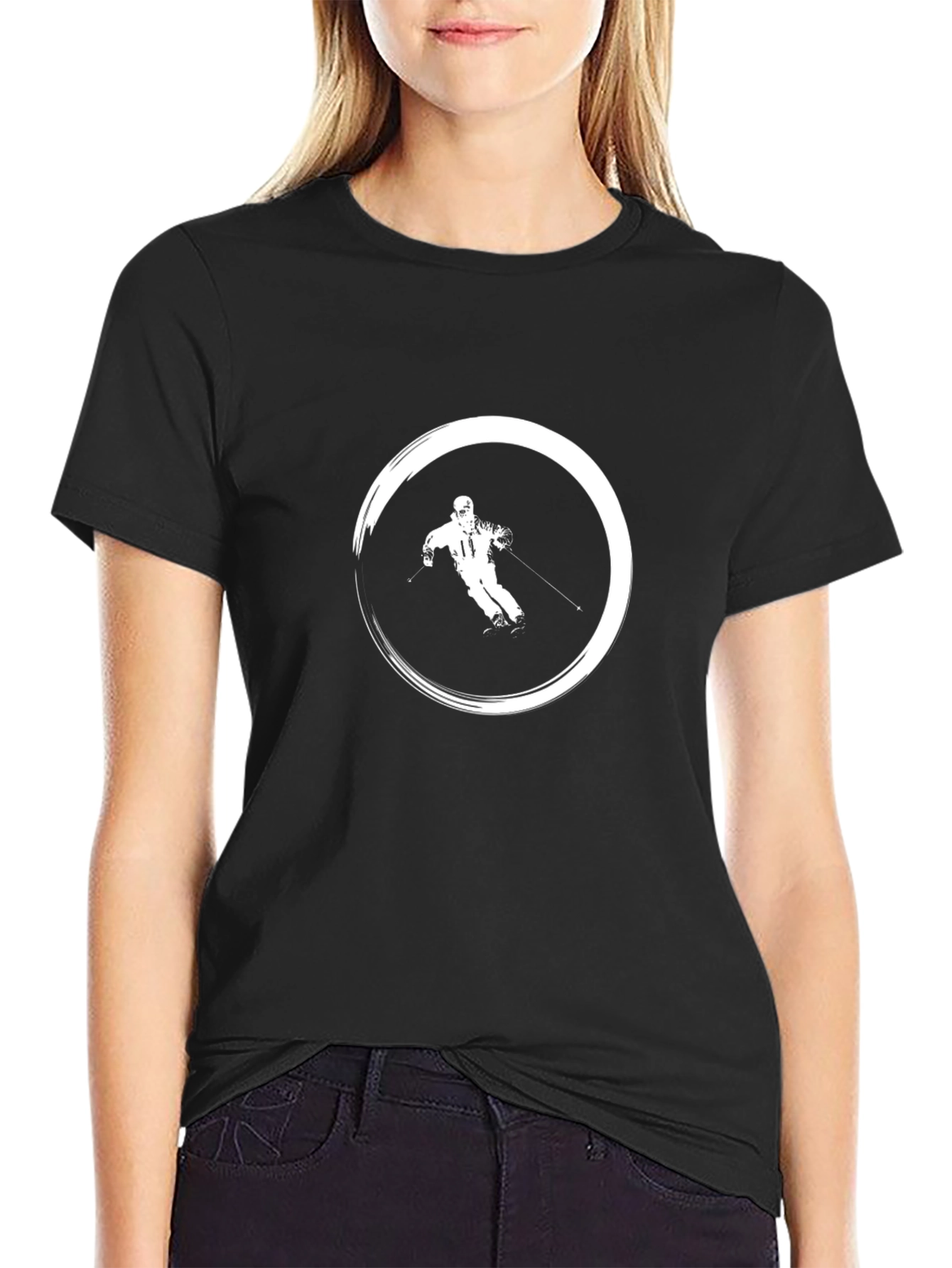 Black T-Shirt with Skiing Graphic