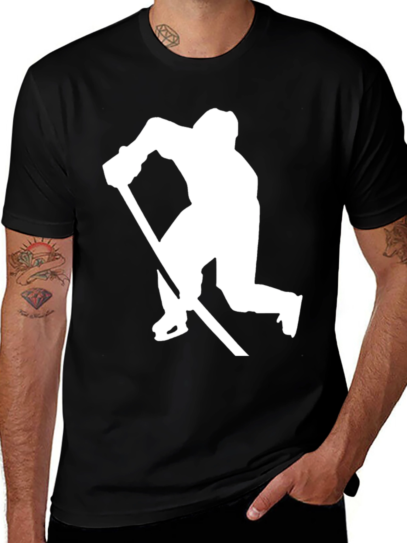 Hockey Player Silhouette Graphic Tee - Black Cotton