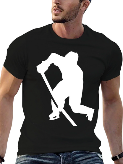 Hockey Player Silhouette Graphic Tee - Black Cotton