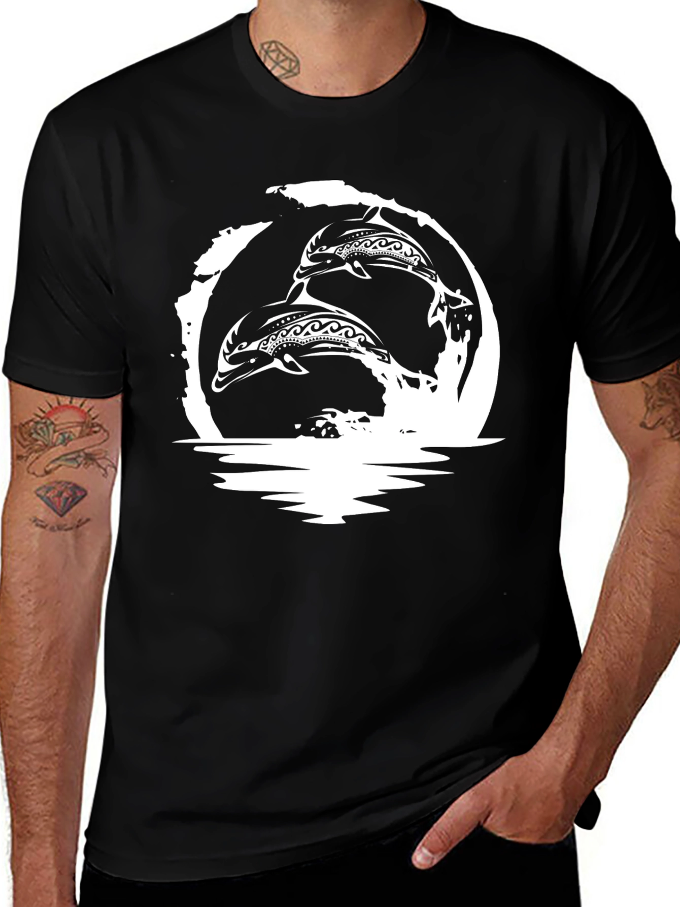 Tribal Dolphins Graphic T-Shirt - Black