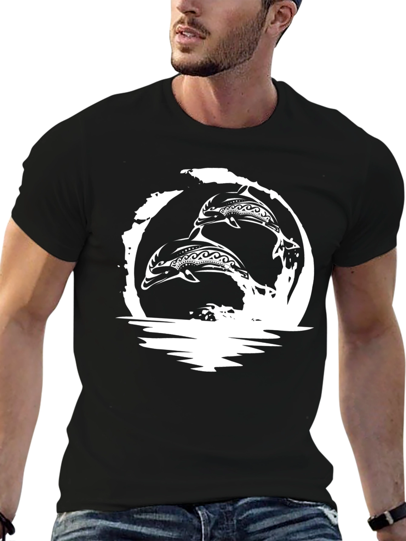 Tribal Dolphins Graphic T-Shirt - Black