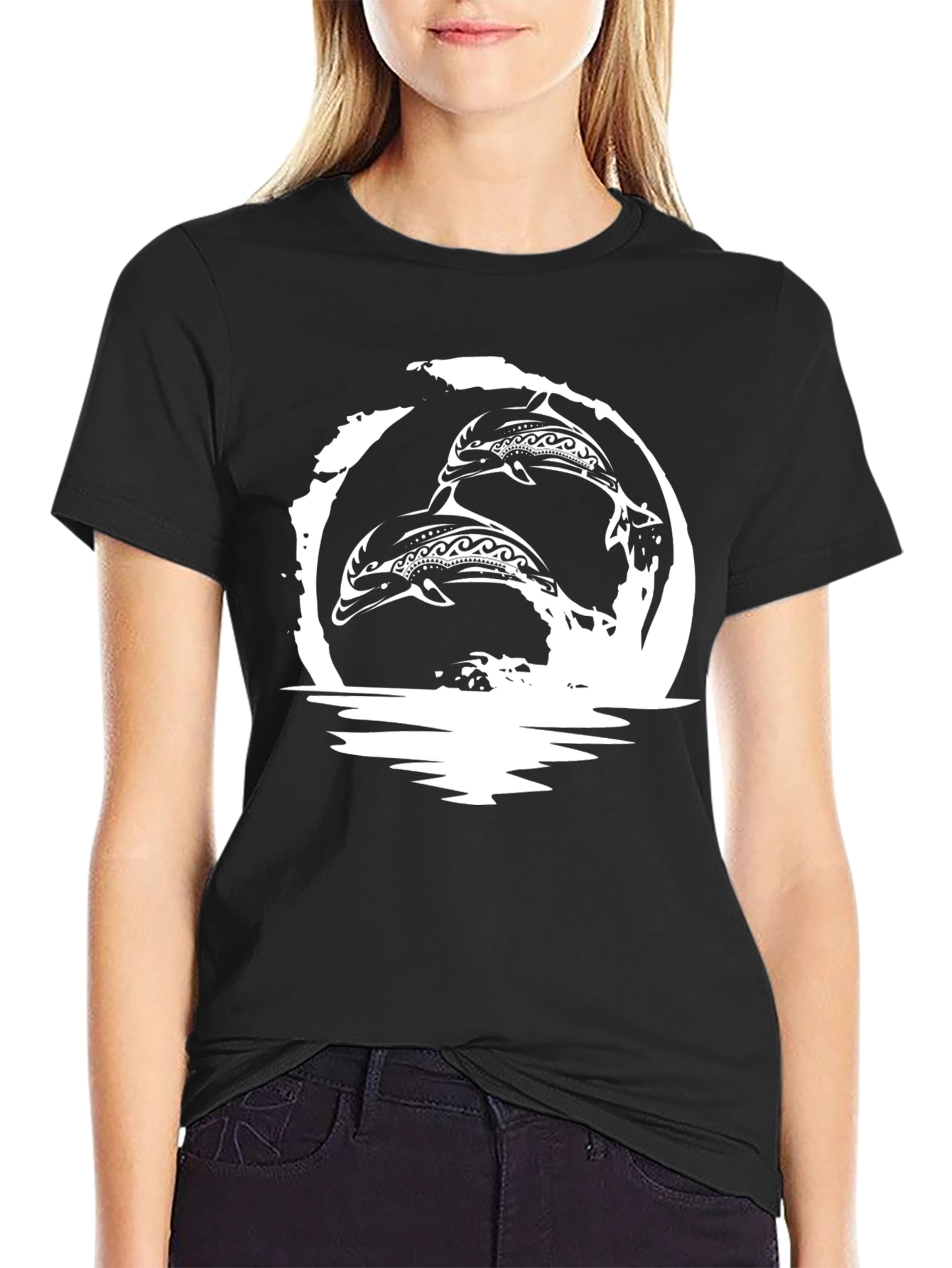 Tribal Dolphins Graphic T-Shirt - Black