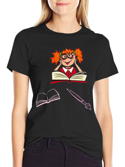 Bookworm Character Graphic Tee - Black Cotton T-Shirt