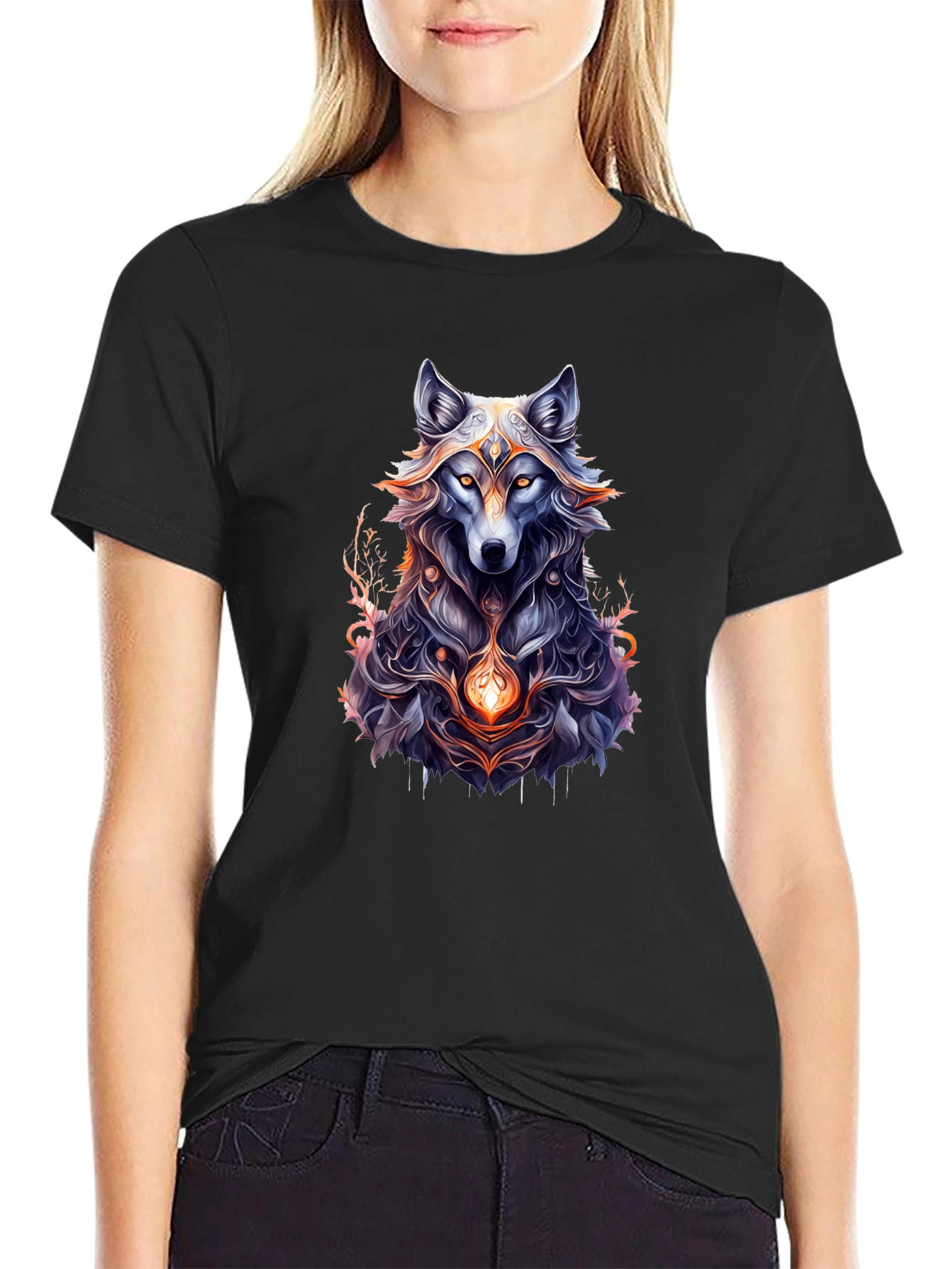 Mystic Wolf Graphic Tee - Black Cotton Comfort