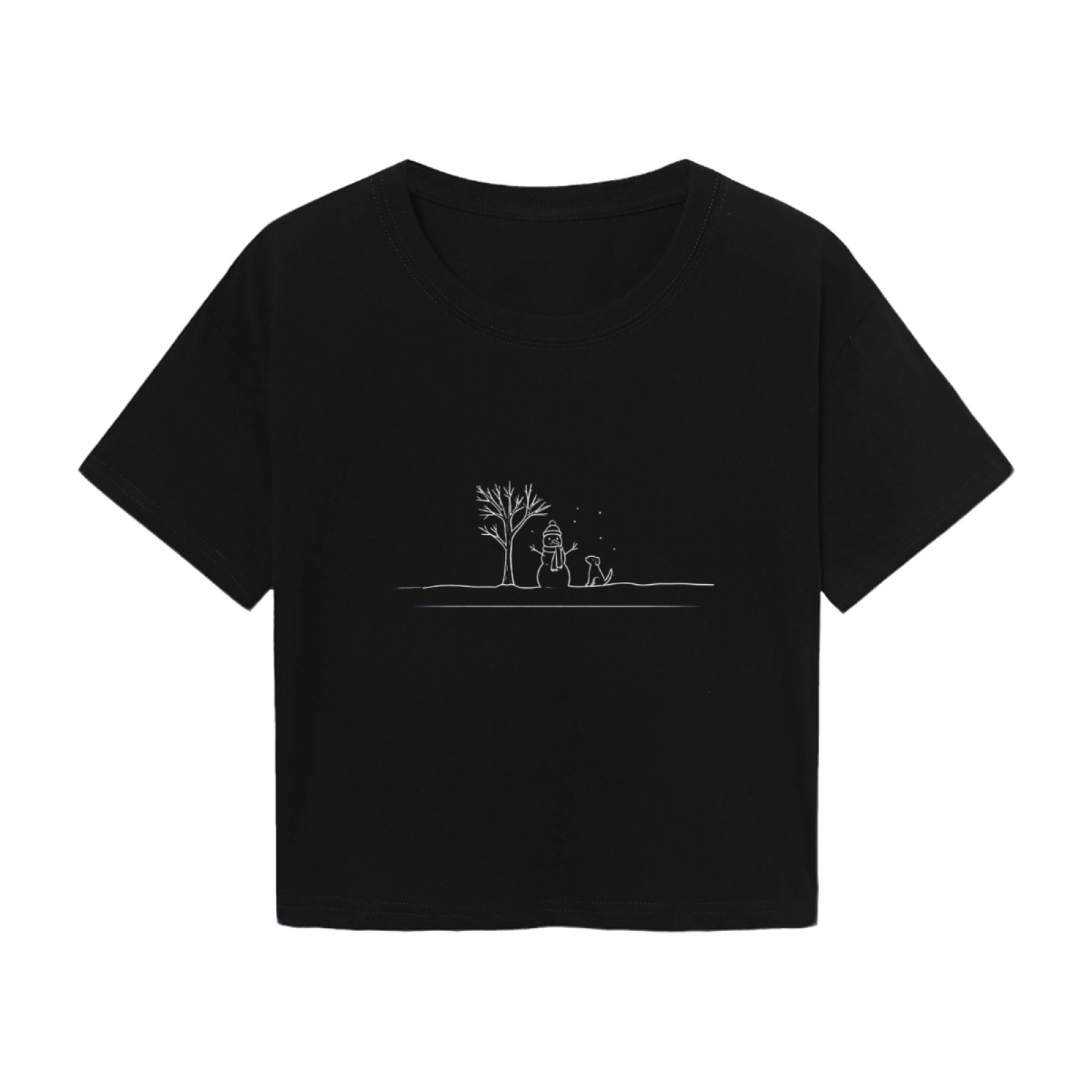 Minimal Sketch Snowman & Dog Winter Simple Crop T?Shirt