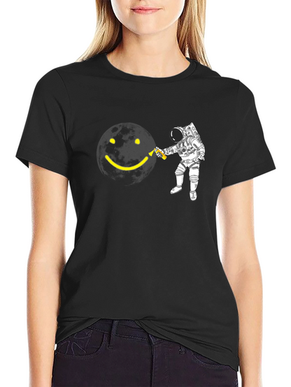Astronaut Smiley Face Graphic Black T-Shirt