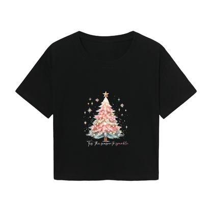 Glittery Pink Christmas Tree Sparkle Season Cropped T?Shirt