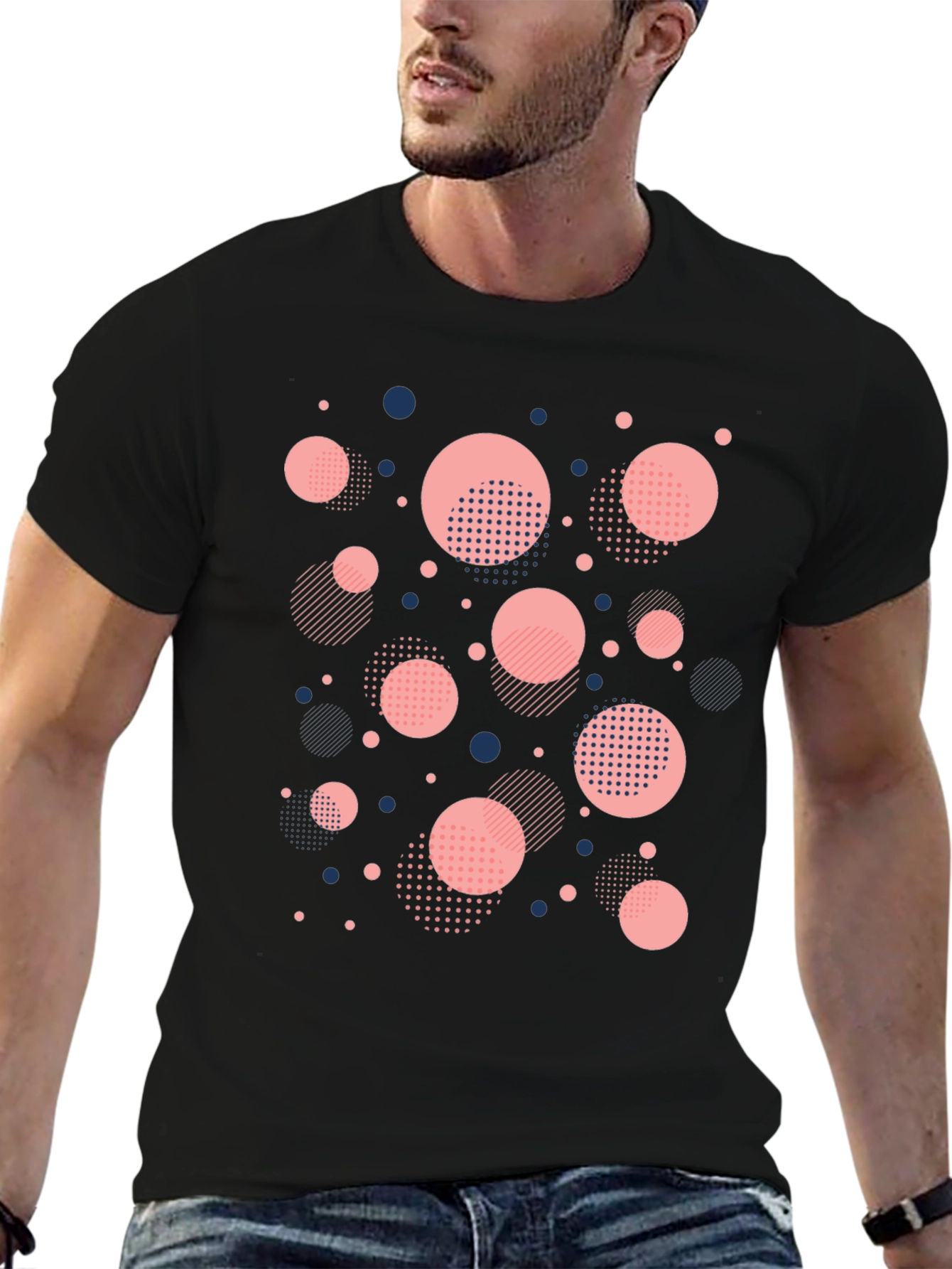 Modern Geometric Circle Pattern Black T-Shirt