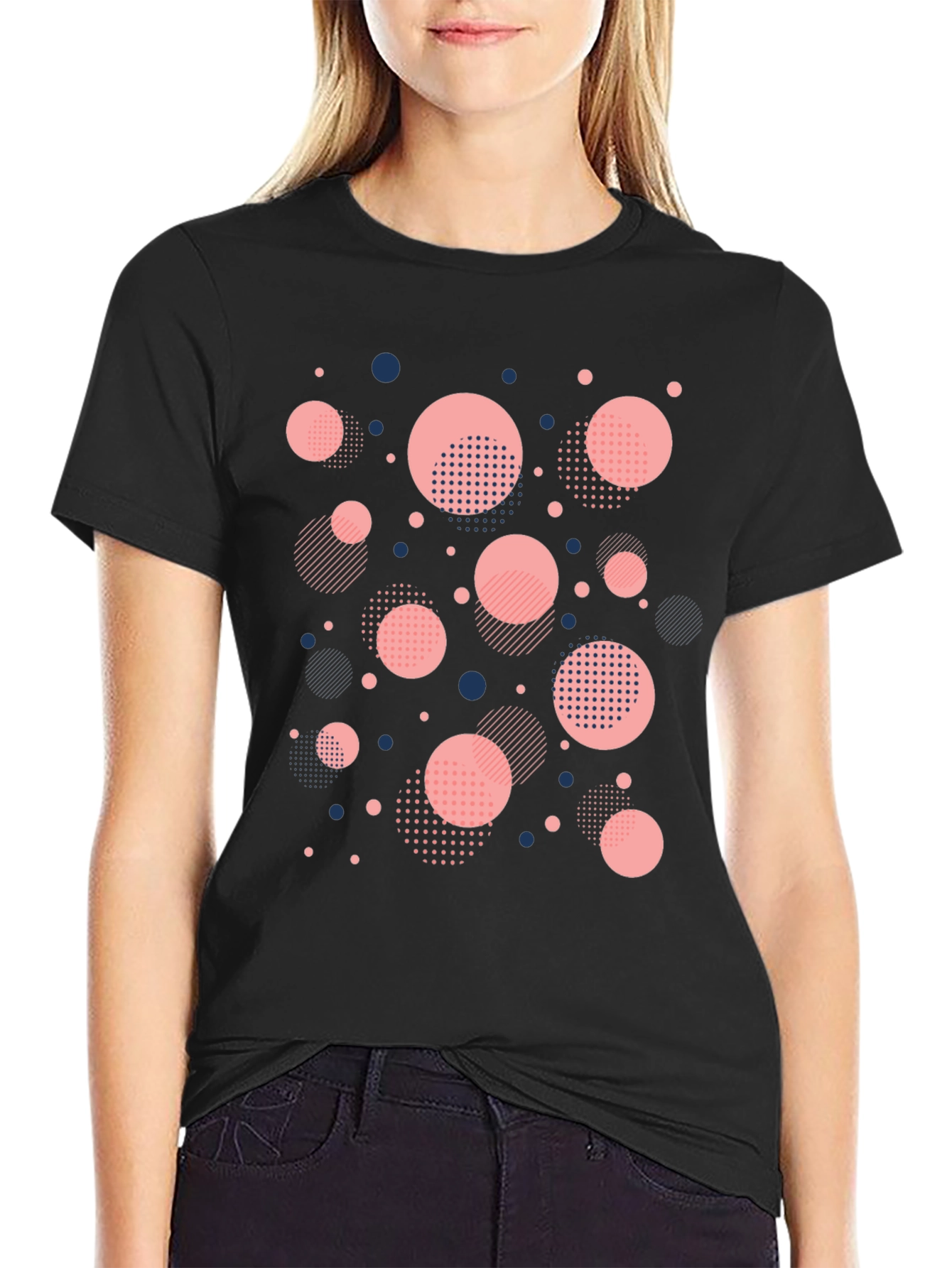Modern Geometric Circle Pattern Black T-Shirt