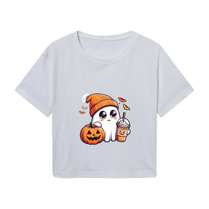 Cozy Coffee?Loving Ghost Pumpkin Fall Halloween Cute Crop Top