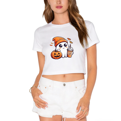 Cozy Coffee?Loving Ghost Pumpkin Fall Halloween Cute Crop Top