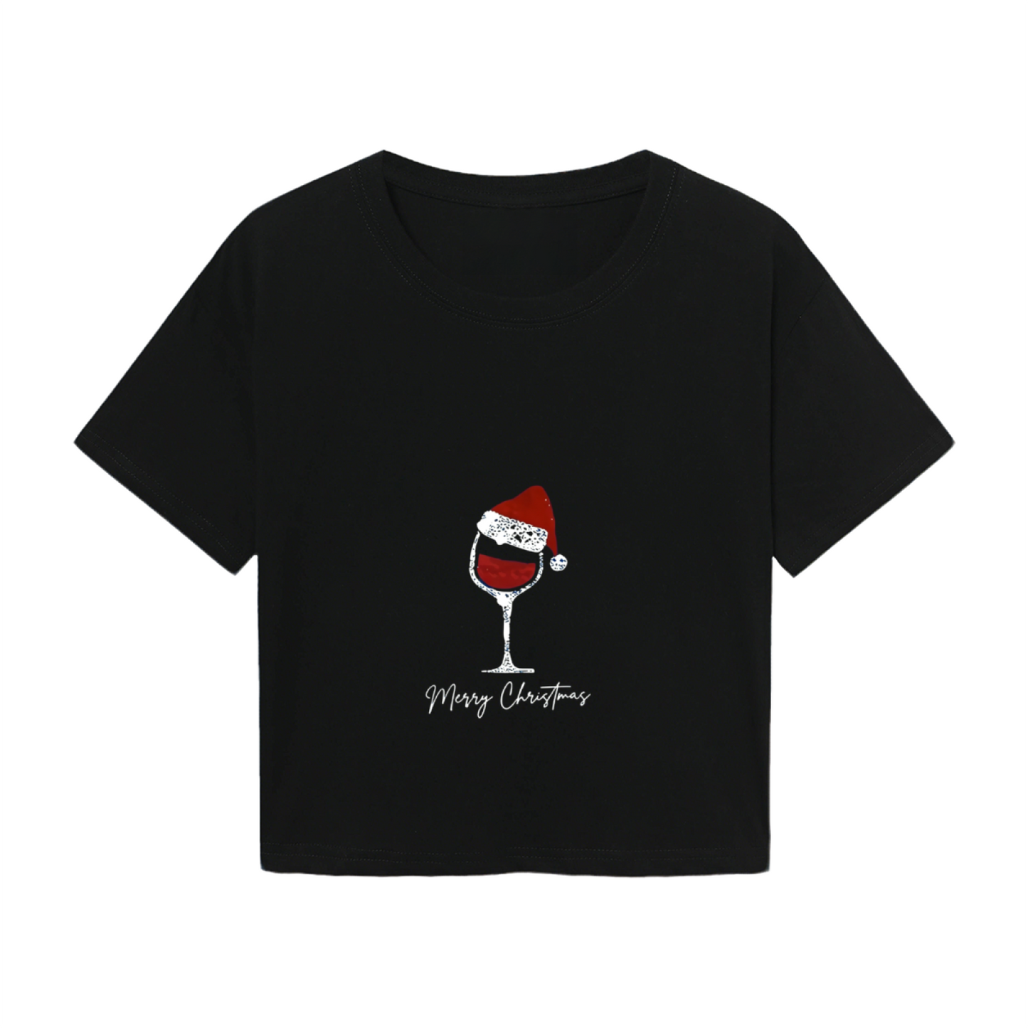 Santa Hat Wine Glass Merry Christmas Cute Holiday Crop Tee