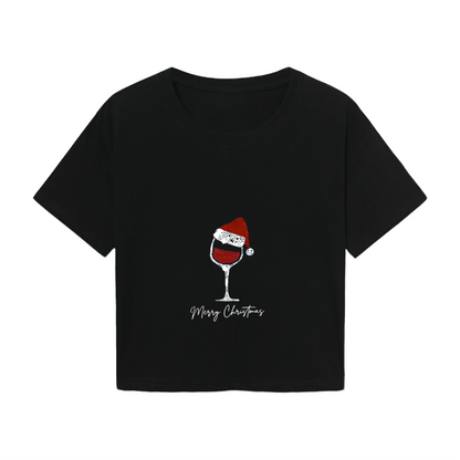 Santa Hat Wine Glass Merry Christmas Cute Holiday Crop Tee