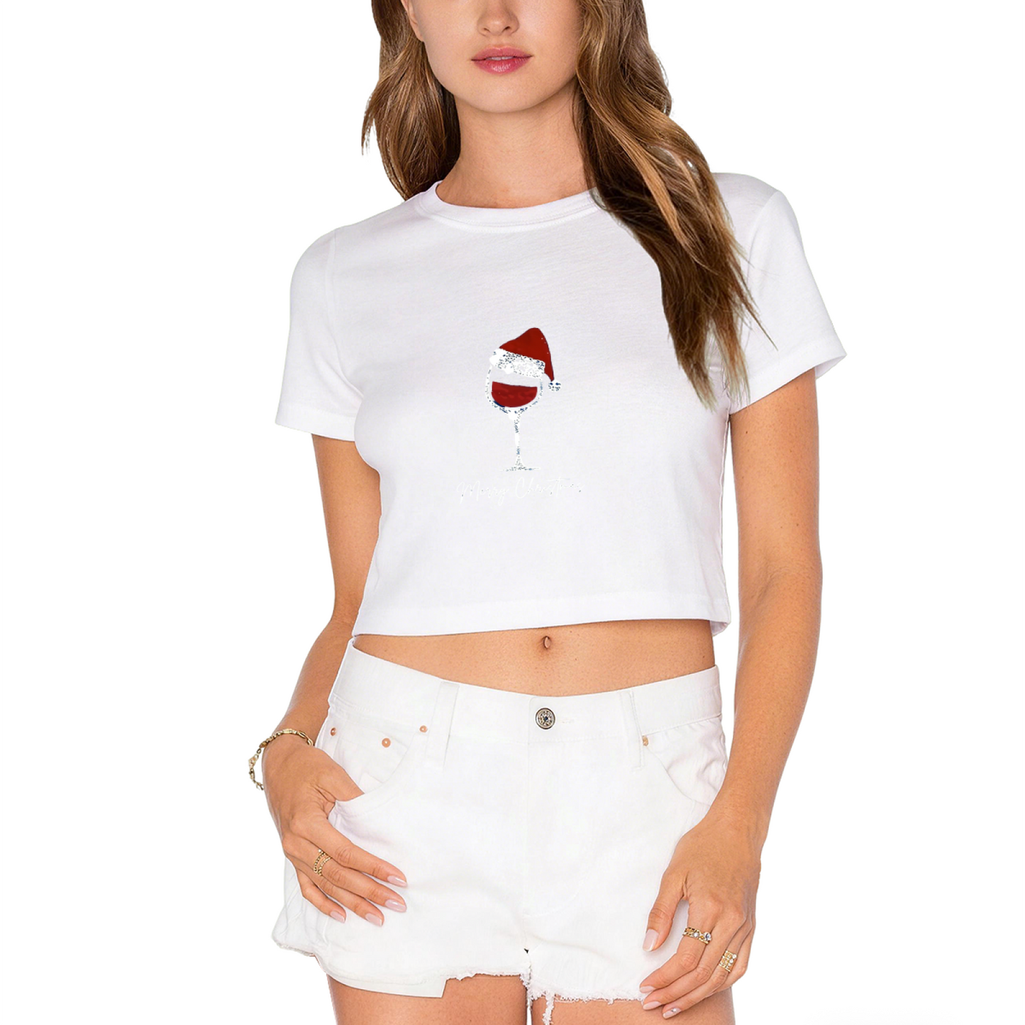 Santa Hat Wine Glass Merry Christmas Cute Holiday Crop Tee