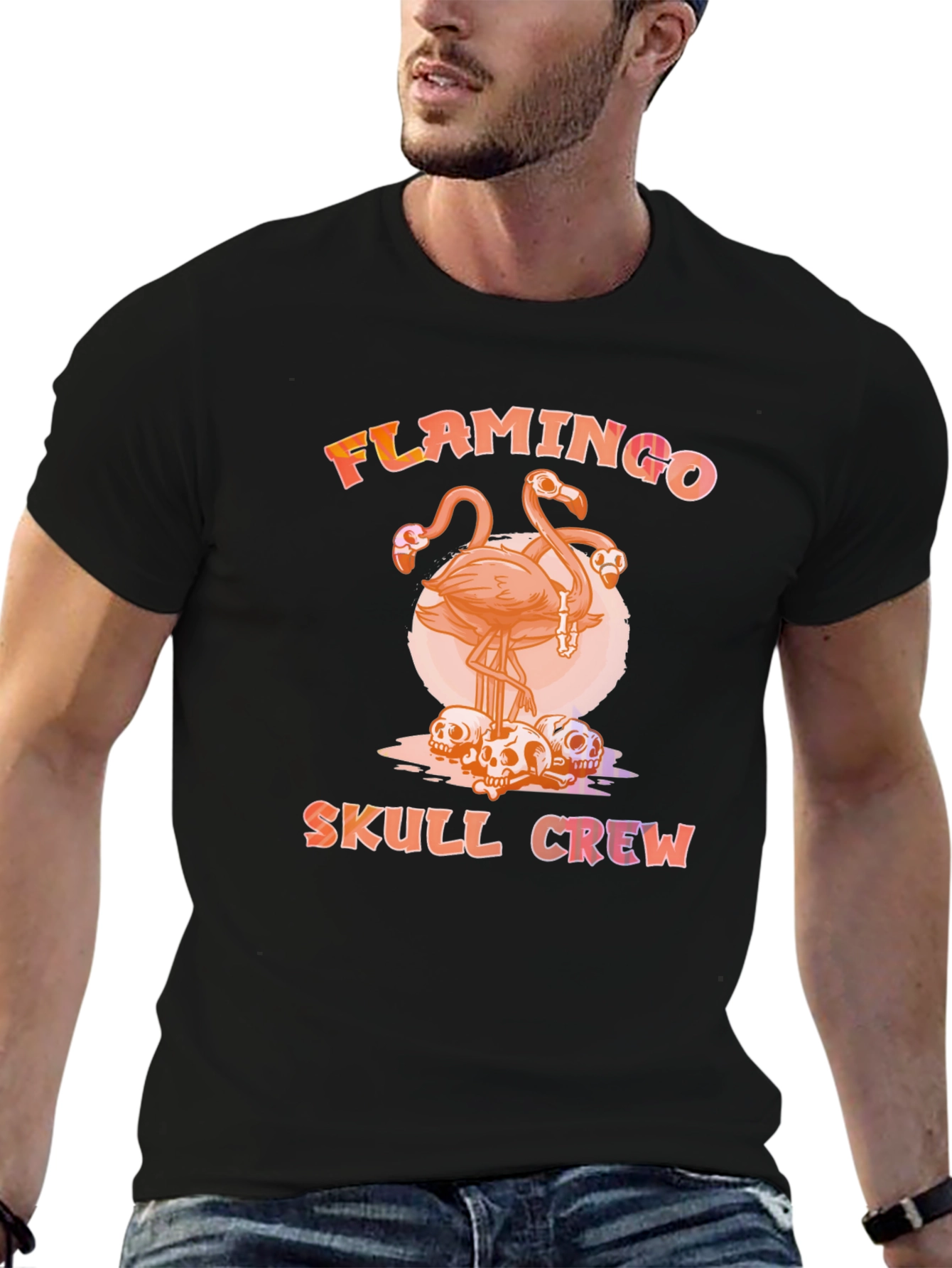 Flamingo Skull Crew T-Shirt - Unique Graphic Tee