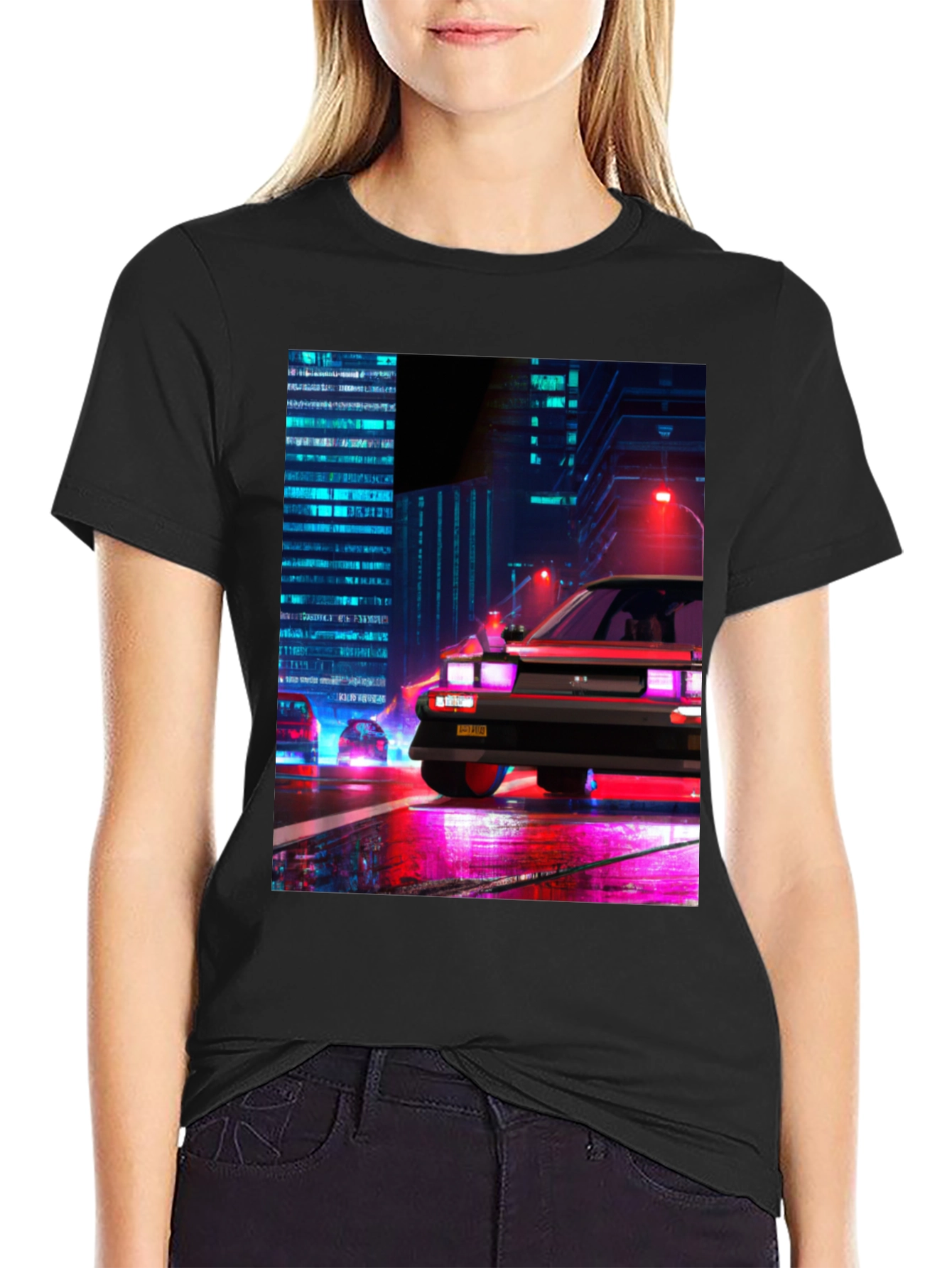 Cyberpunk Car T-Shirt - Retro Cityscape Design