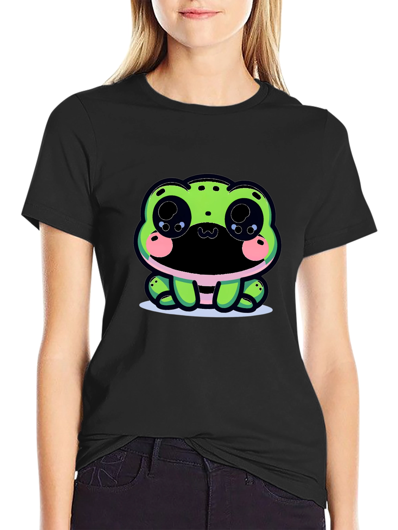 Cute Frog Graphic Tee - Black Cotton Blend