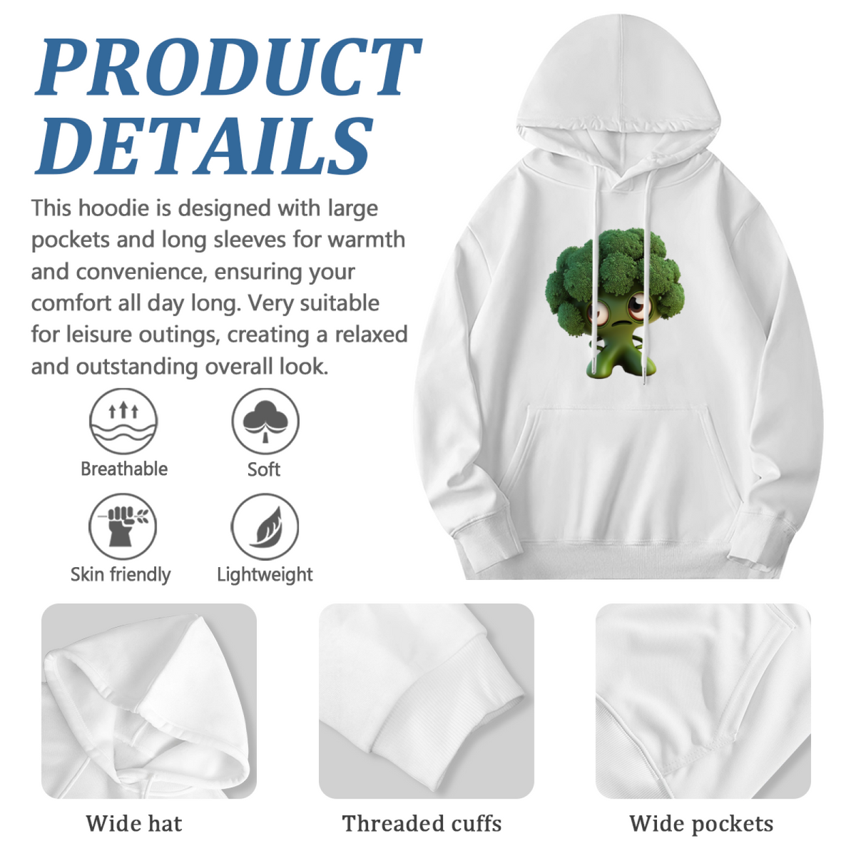 Stylish Pullover Hoodie - Funny Broccoli Character