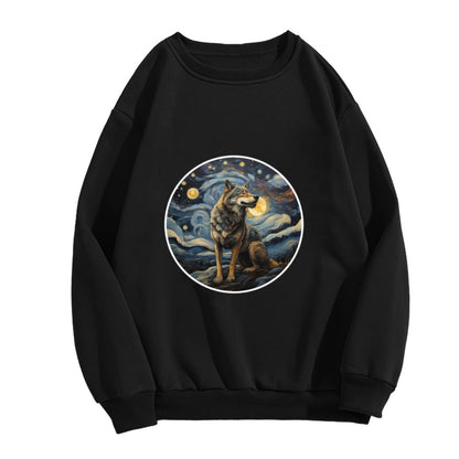 Starry Night Wolf Art Sweatshirt – Van Gogh-Inspired Wildlife Crewneck
