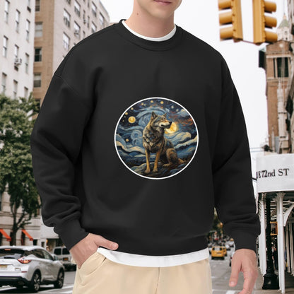 Starry Night Wolf Art Sweatshirt – Van Gogh-Inspired Wildlife Crewneck