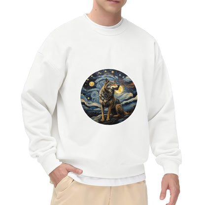 Starry Night Wolf Art Sweatshirt – Van Gogh-Inspired Wildlife Crewneck