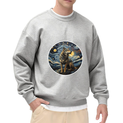 Starry Night Wolf Art Sweatshirt – Van Gogh-Inspired Wildlife Crewneck