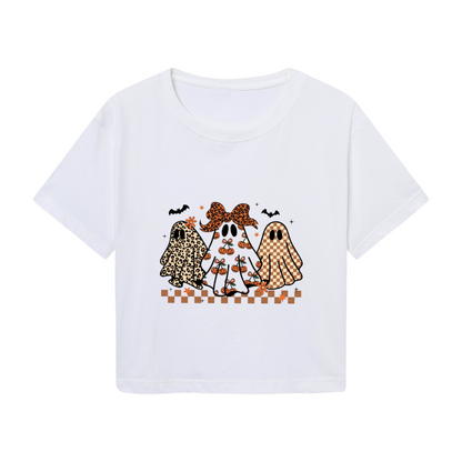 Cute Leopard Checkered Ghosts Fall Halloween Cropped Tee