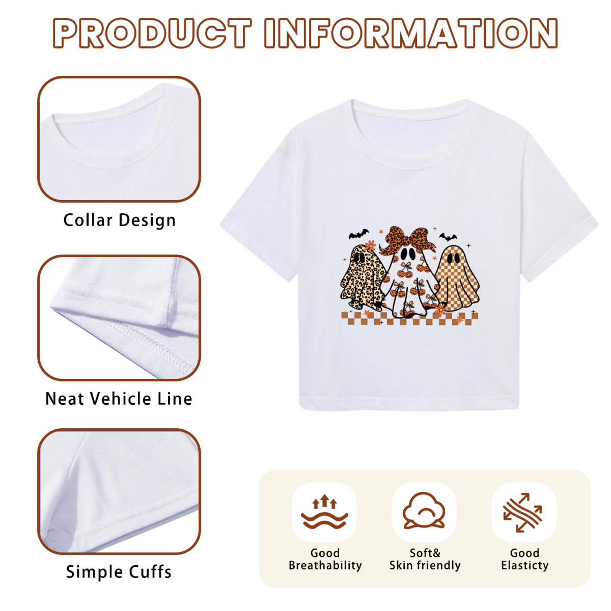 Cute Leopard Checkered Ghosts Fall Halloween Cropped Tee