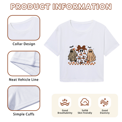 Cute Leopard Checkered Ghosts Fall Halloween Cropped Tee