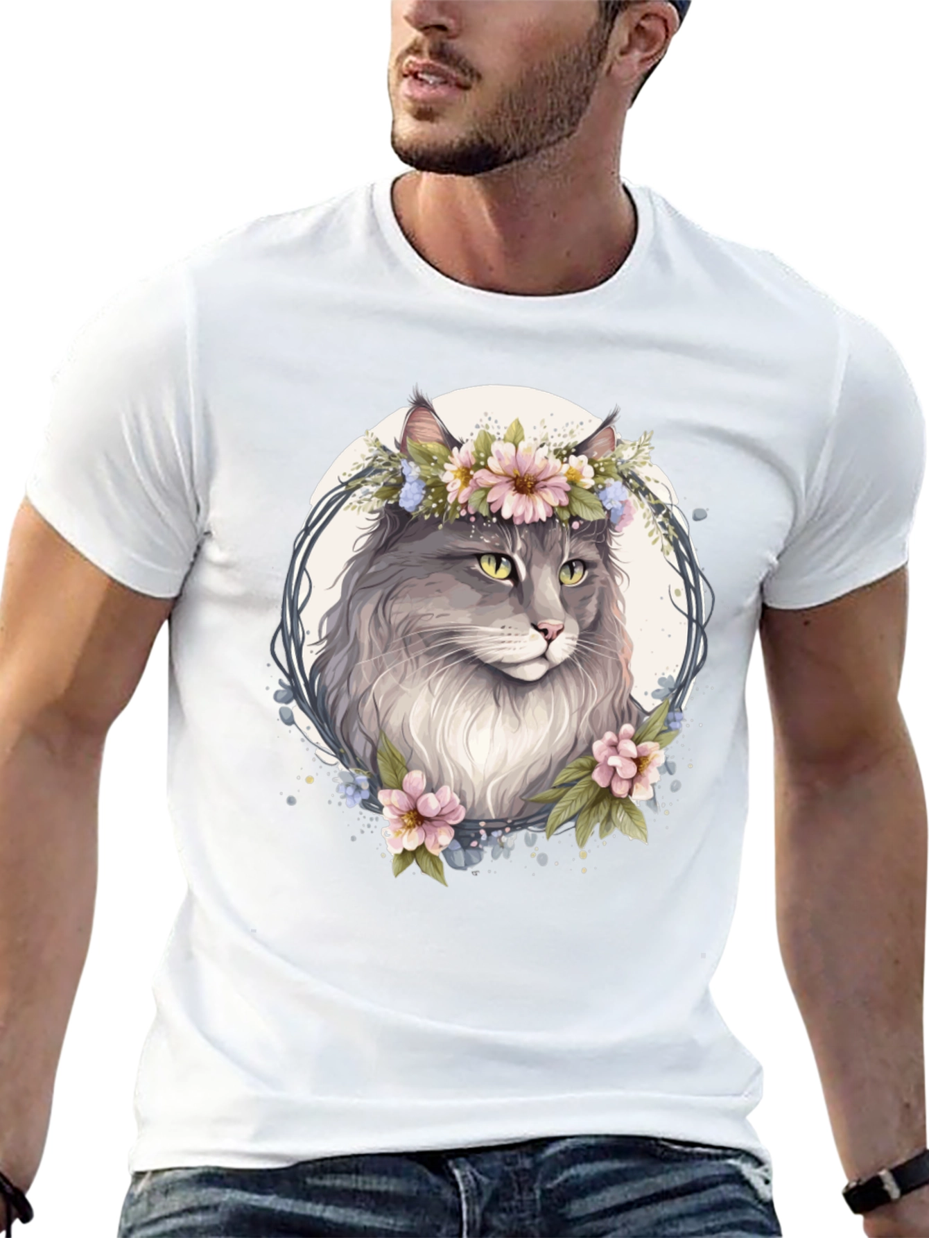 Floral Cat Graphic Black T-Shirt