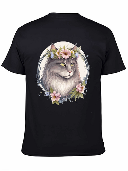 Floral Cat Graphic Black T-Shirt