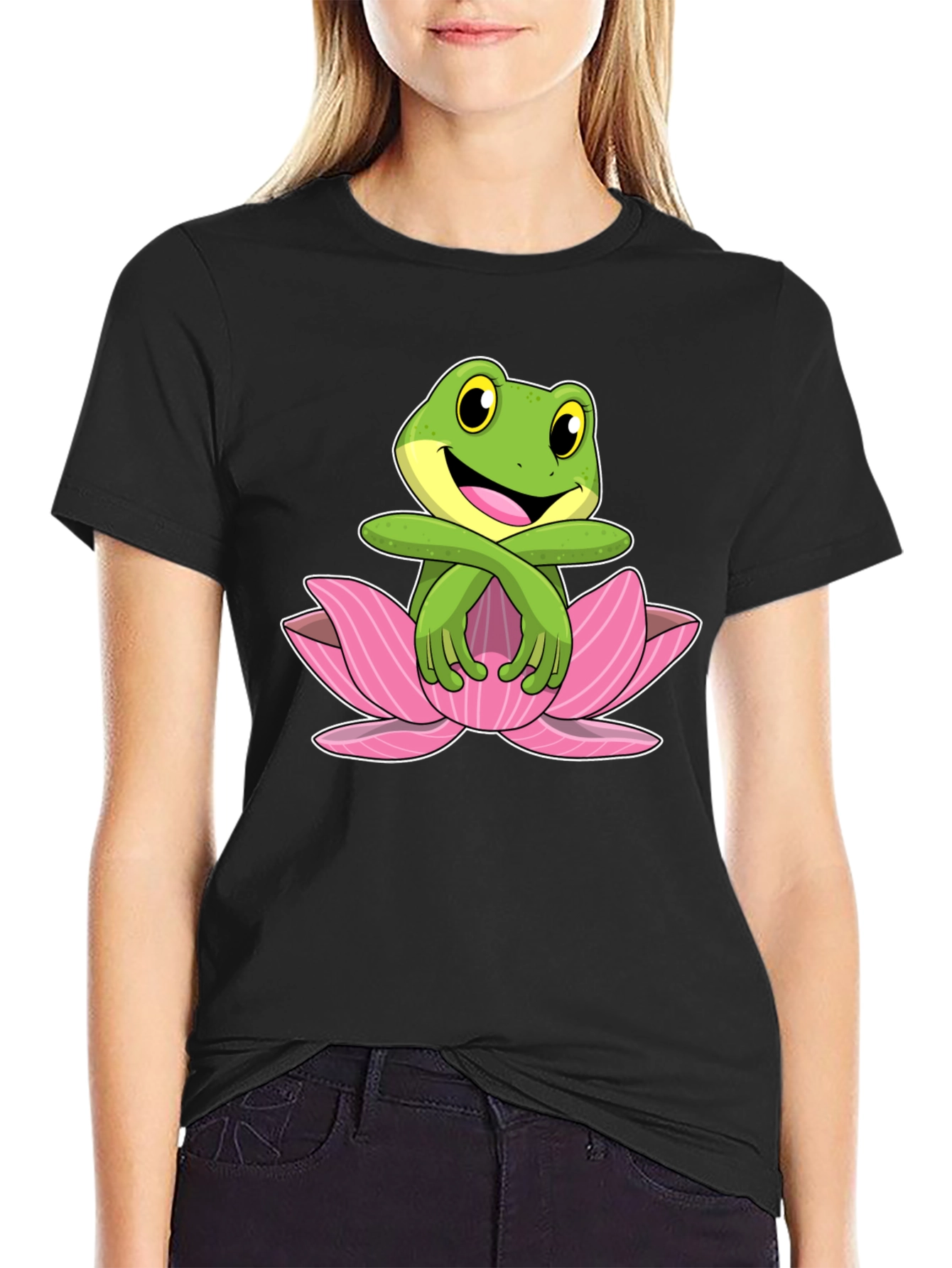 Frog in Lotus Flower Graphic T-Shirt