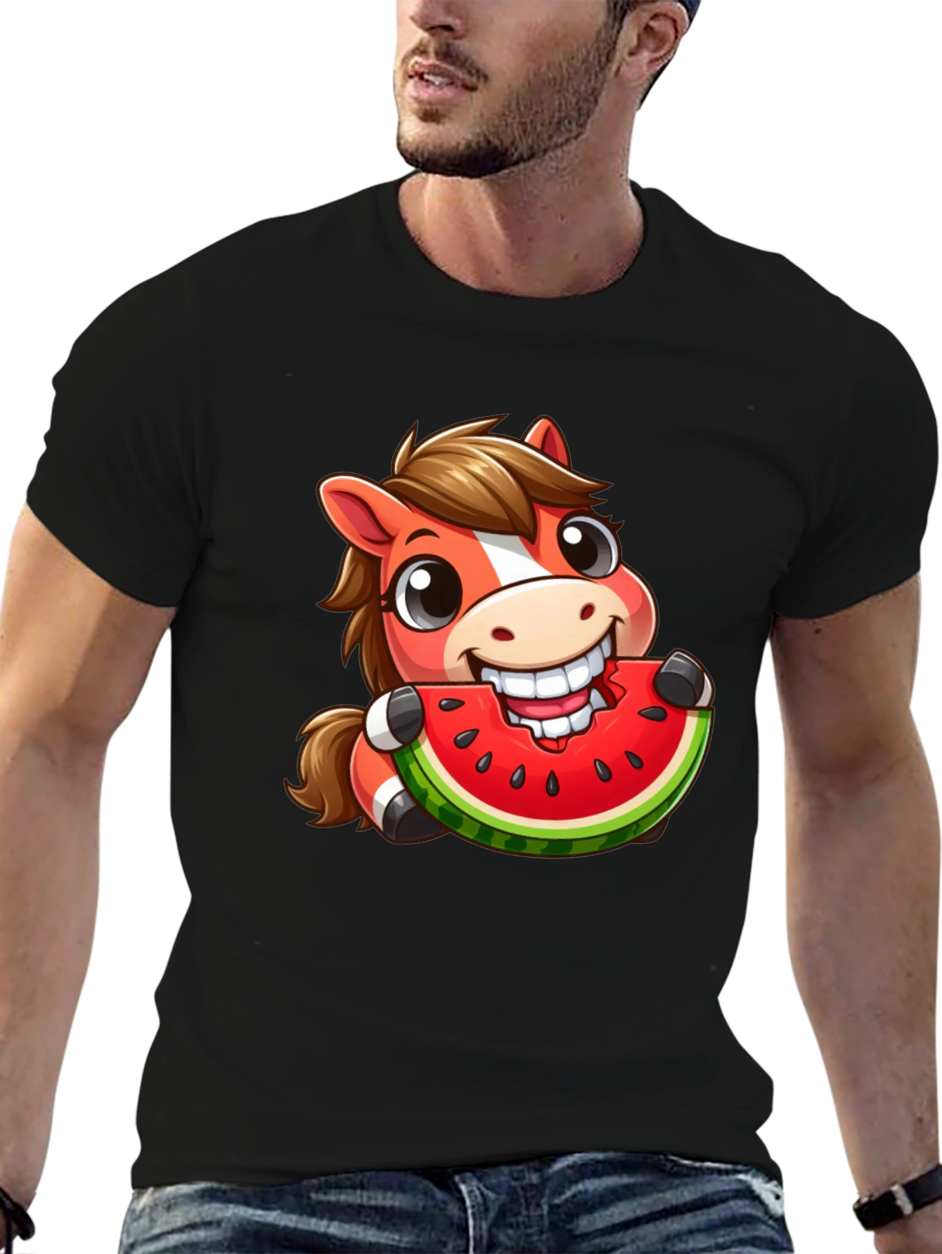Cartoon Horse Eating Watermelon Graphic Tee