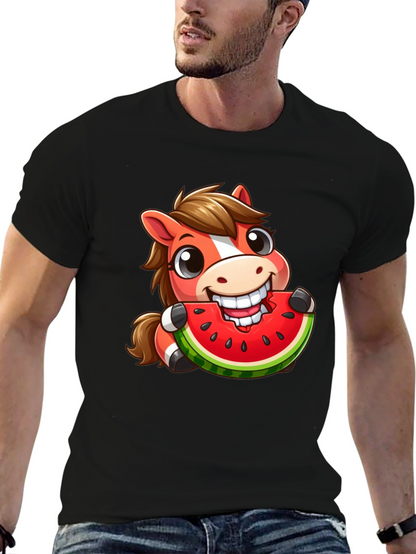 Cartoon Horse Eating Watermelon Graphic Tee