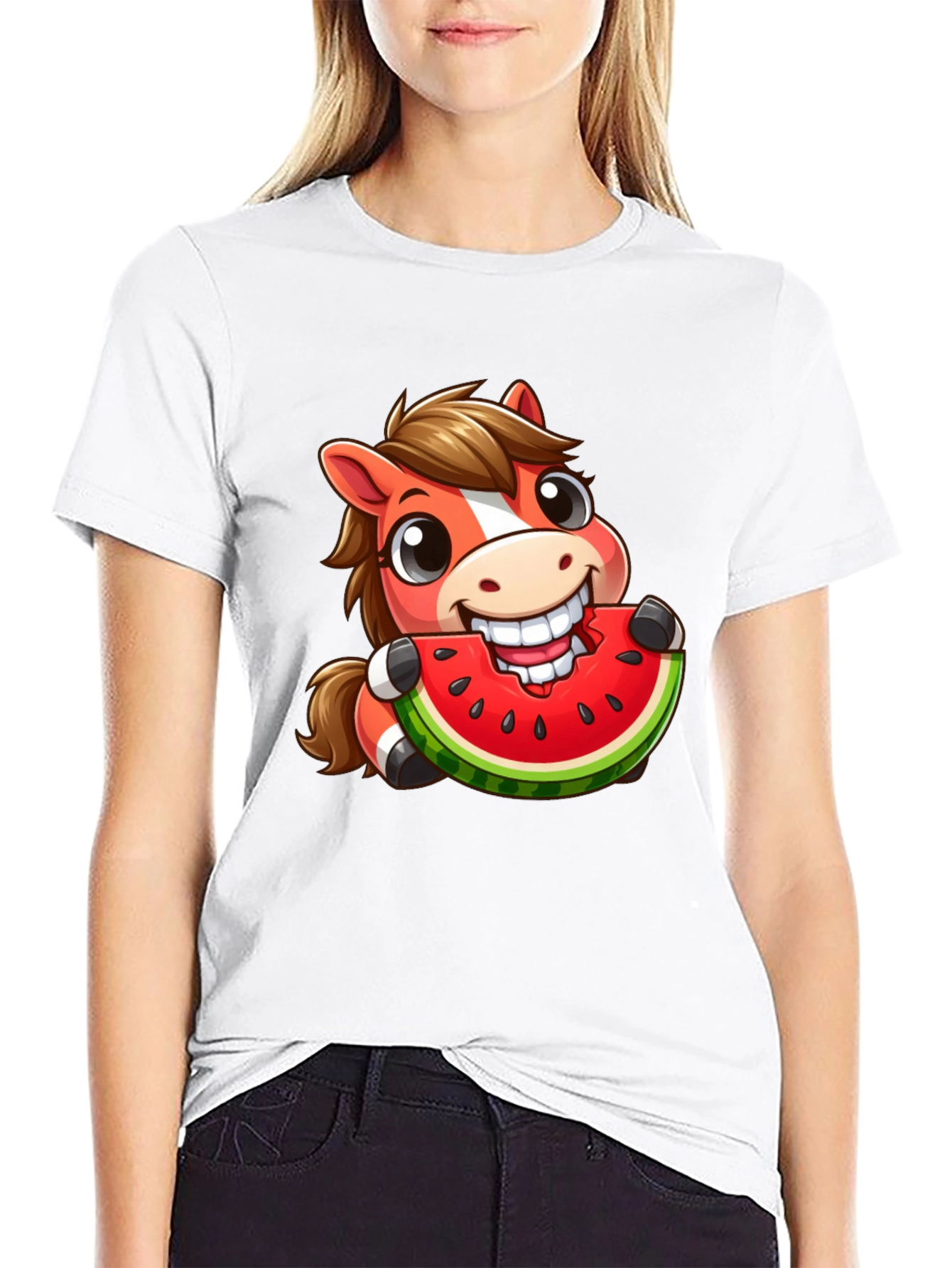 Cartoon Horse Eating Watermelon Graphic Tee