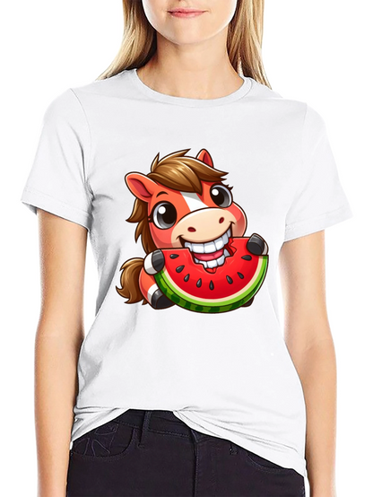 Cartoon Horse Eating Watermelon Graphic Tee