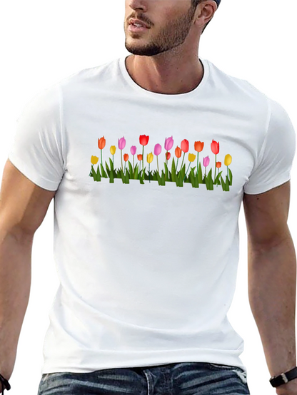 Tulip Garden Print Black Crew Neck T-Shirt