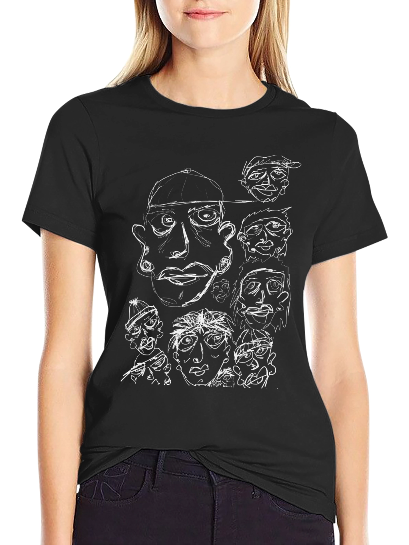 Abstract Faces Graphic Black T-Shirt